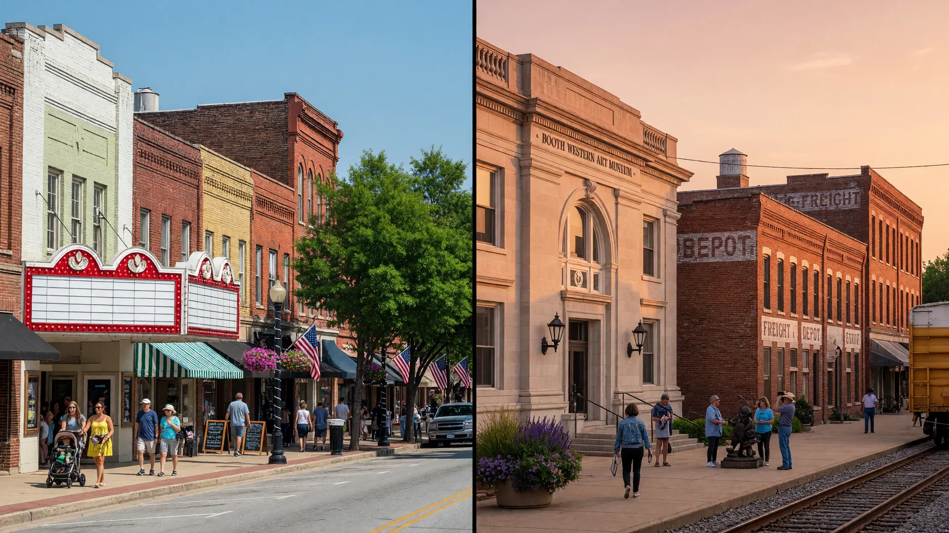 Split scene: Canton's historic downtown with the Canton Theatre on the left and Cartersville's Booth Western Art Museum and railroad district on the right under warm afternoon light