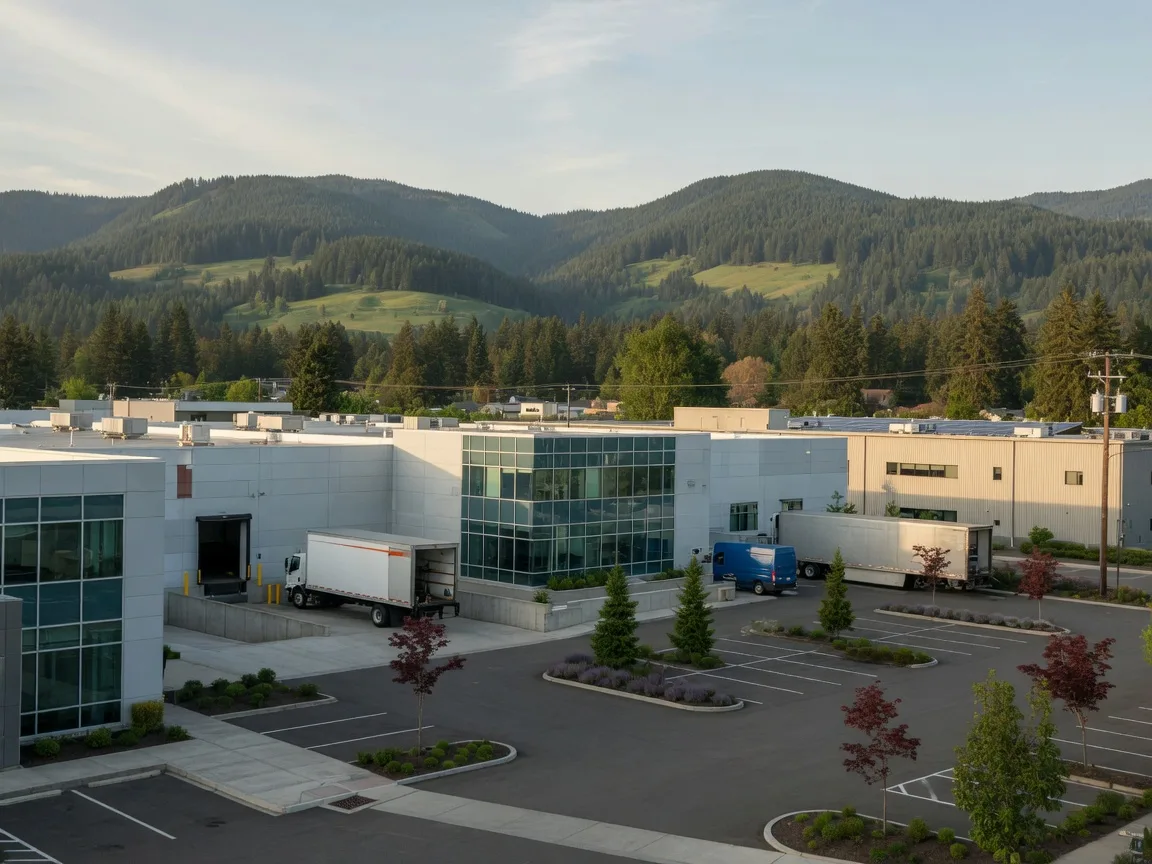 Modern low-slung manufacturing buildings on the edge of Forest Grove with the Coast Range foothills green on the horizon