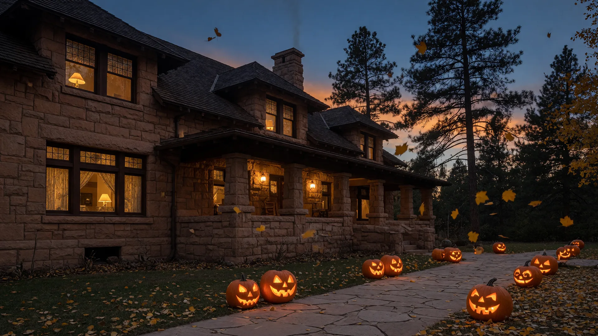 A stately sandstone mansion glowing with carved jack-o-lanterns at autumn dusk beneath tall pines