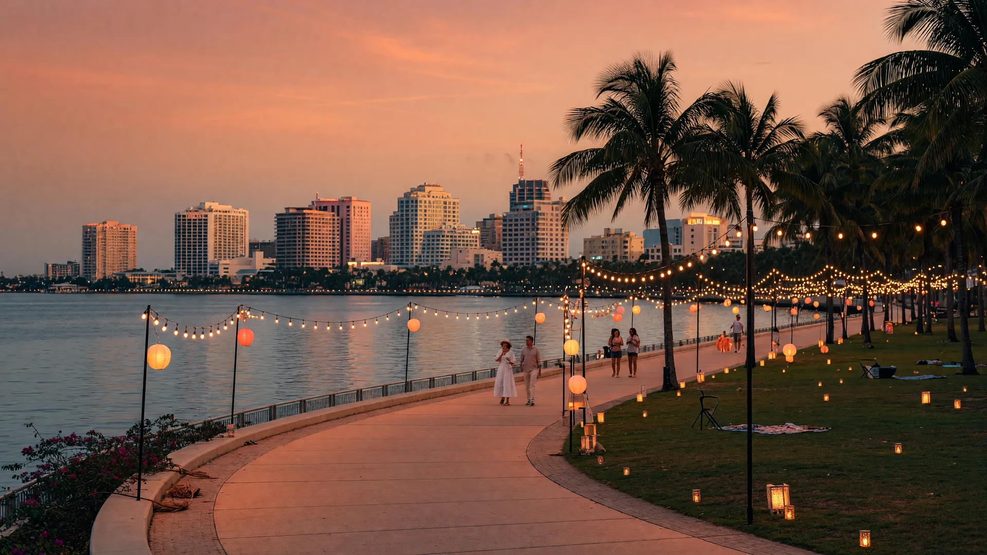 The West Palm Beach waterfront promenade and Great Lawn at golden hour with palm trees, glowing string lights, and a coral sunset across the water