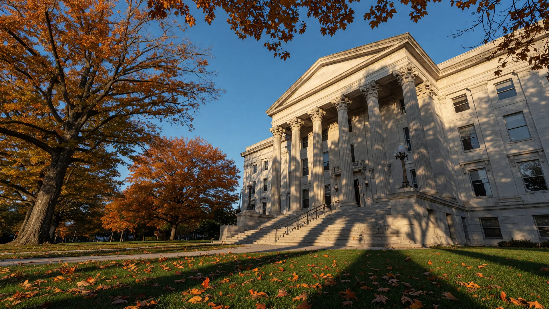 Historic Montgomery County government building with classical columns in Rockville, Maryland on an autumn afternoon
