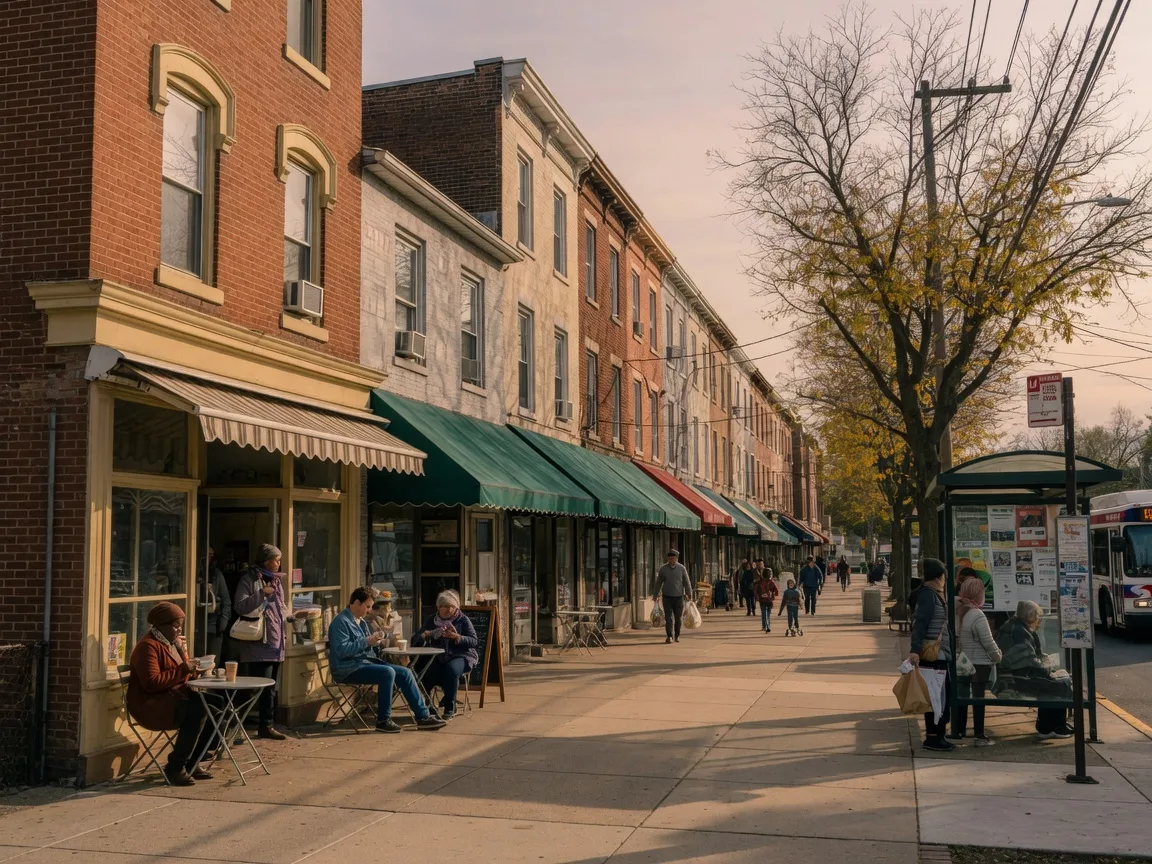 Brick storefronts and a busy sidewalk along the Germantown Avenue commercial corridor shared by Mount Airy and Germantown
