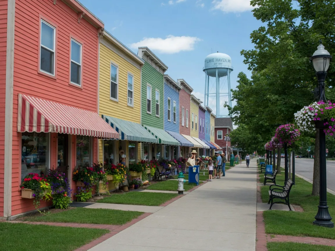 A sunny boutique shopping street in a Minnesota lake resort town