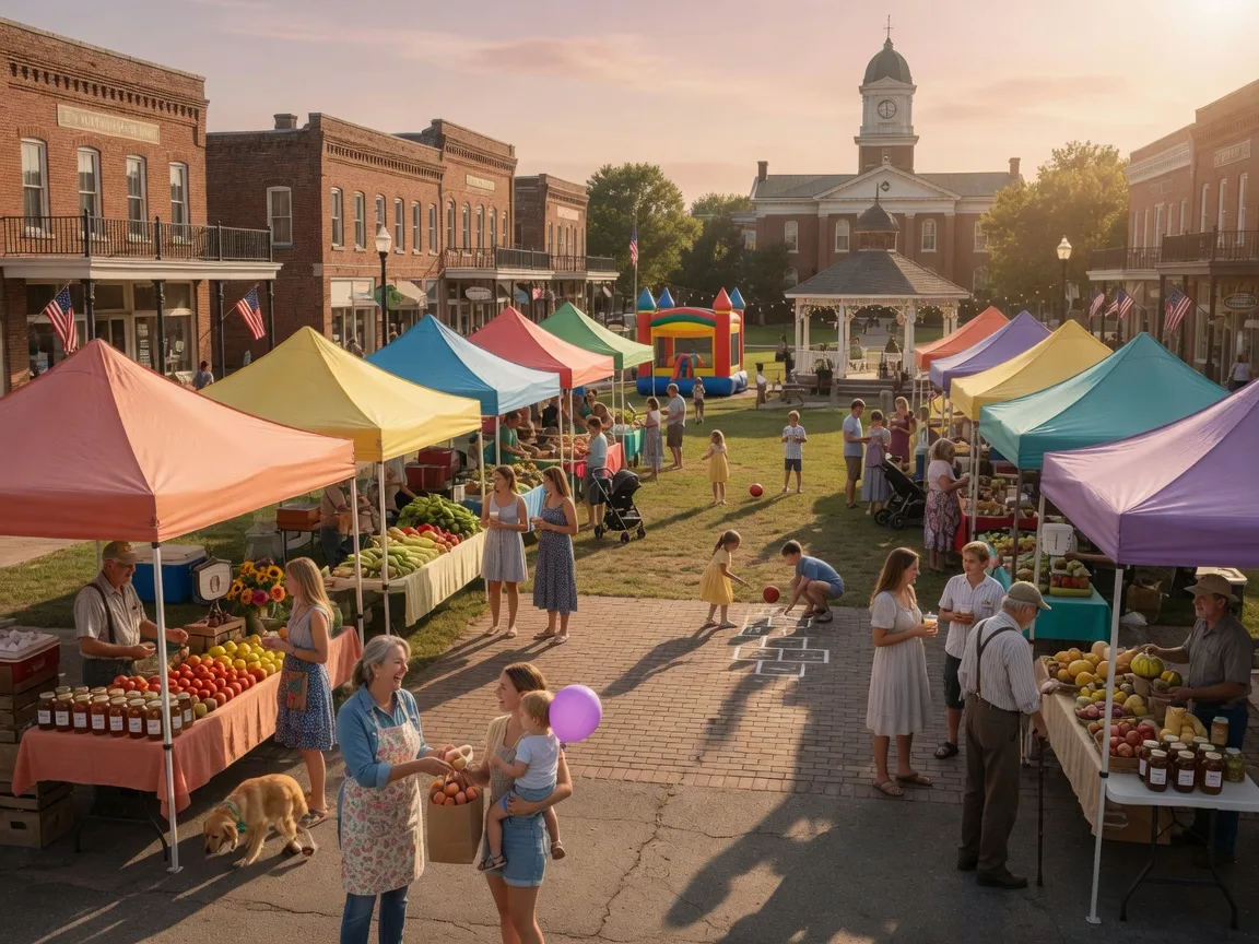 A community farmers market on Liberty's historic downtown square with families and neighbors gathering
