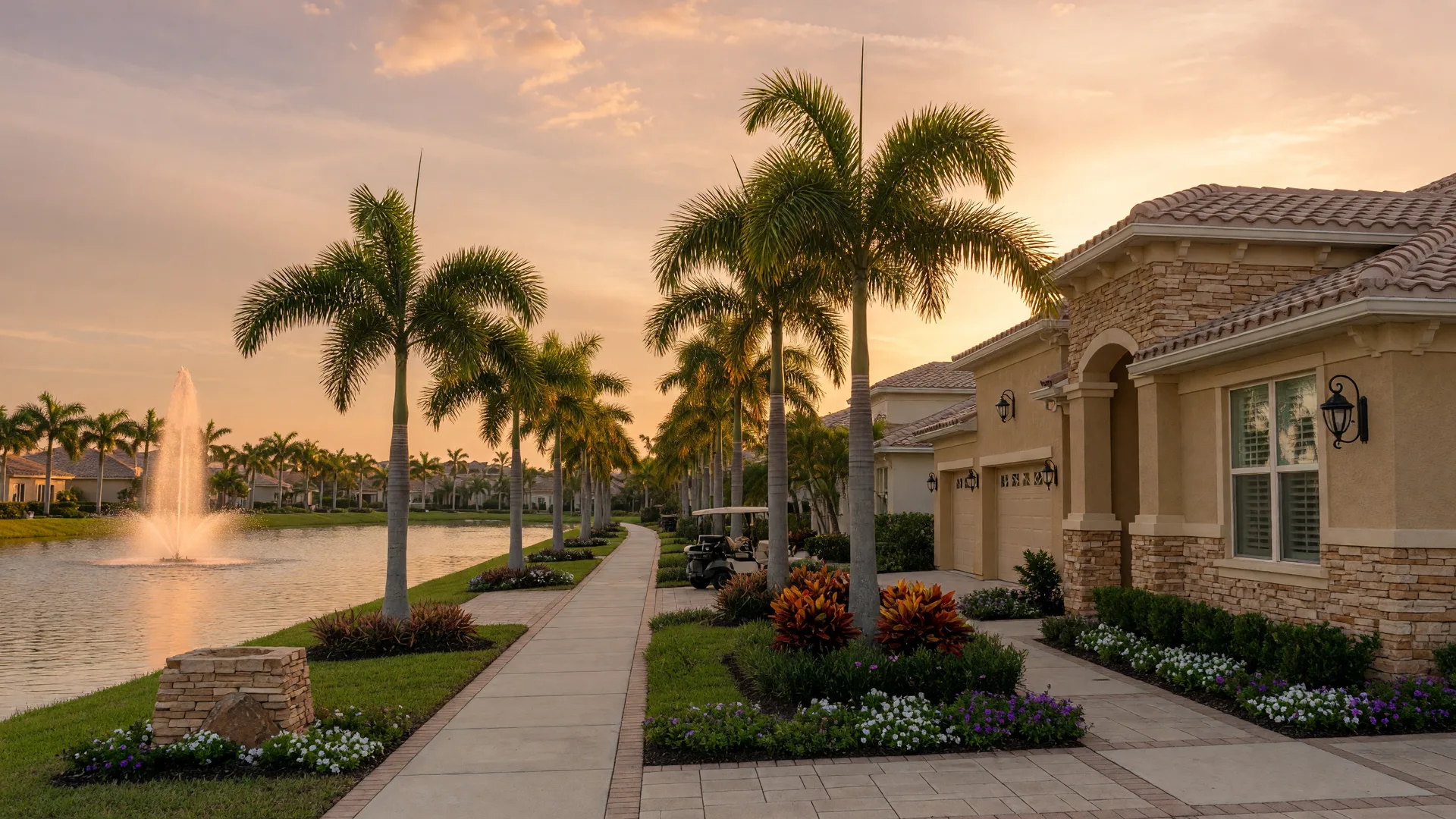 An elegant new single-family home in a Lakewood Ranch master-planned community at golden hour, with a palm-lined boulevard, a small lake with a fountain, and resort-style landscaping