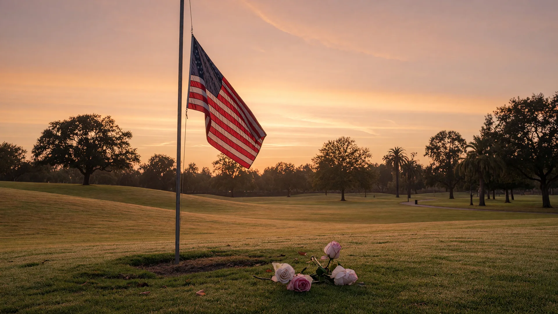 An American flag at half-staff silhouetted against a warm sunrise over a peaceful park