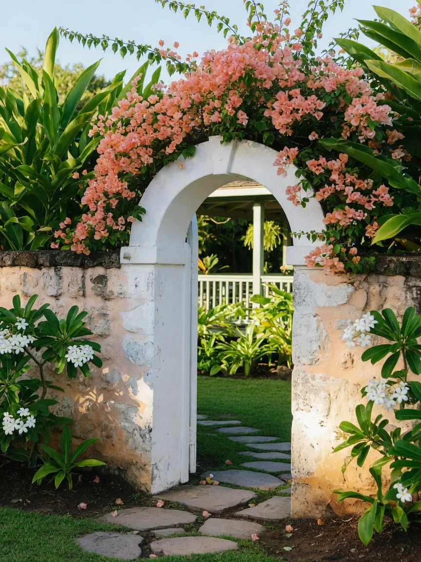 An arched garden gate draped in bougainvillea on a bright Hawaiʻi Island morning