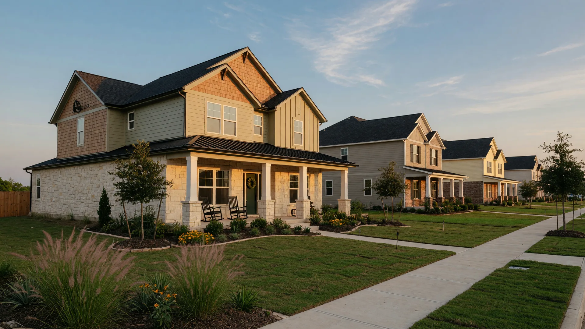 Brand-new construction home with stone and wood siding in a Texas neighborhood near Brenham