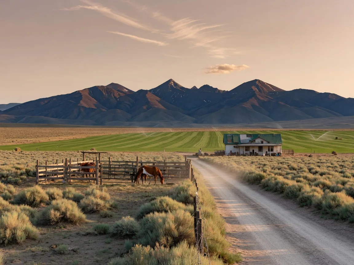 Dirt lane leading to a hobby-farm acreage near Kuna, Idaho with the Owyhee Mountains beyond