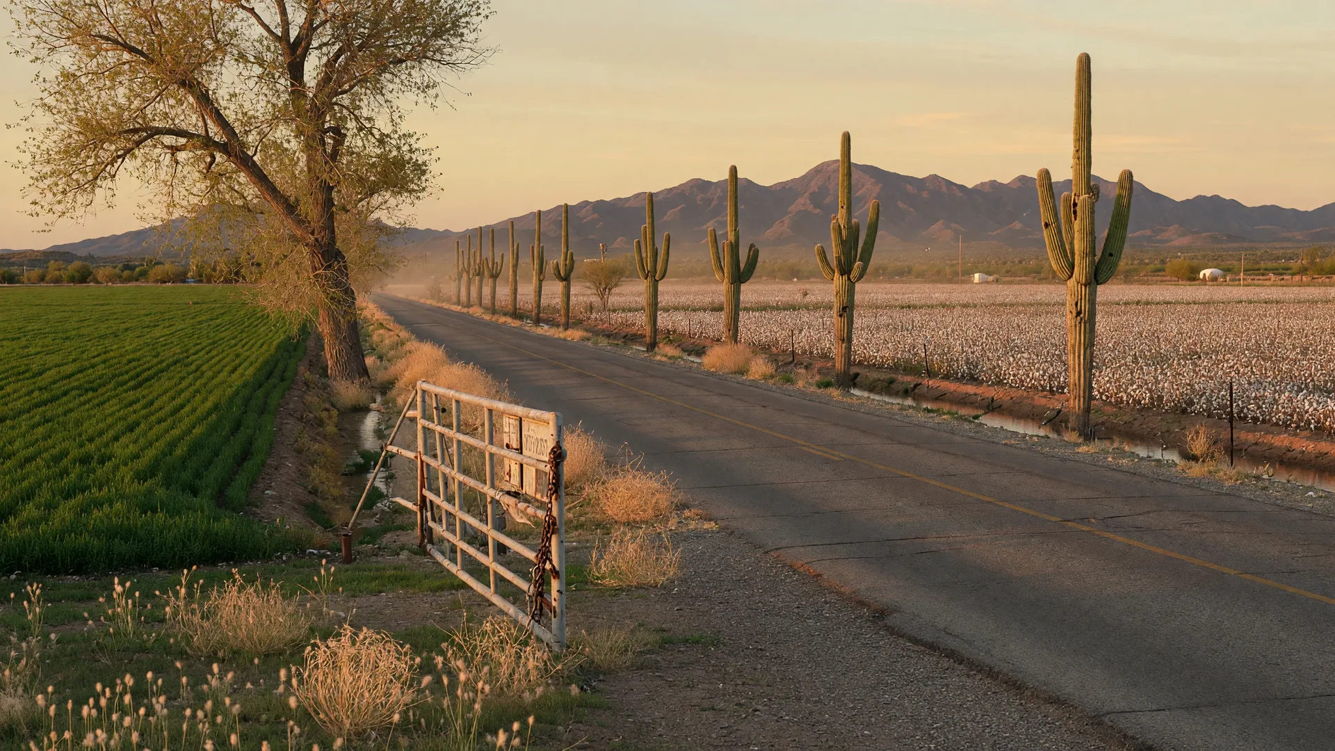A farm road crossing cotton fields toward the White Tank Mountains, saguaro along the roadside at golden hour