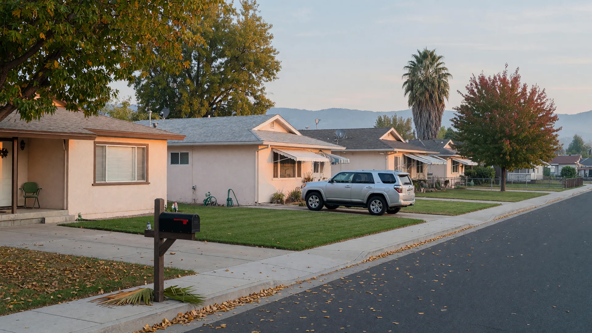 A quiet residential street in Merced, California on a crisp early-October morning with single-story ranch homes, neat lawns, mature oak and palm trees with golden autumn leaves, and the Sierra Nevada foothills on the horizon