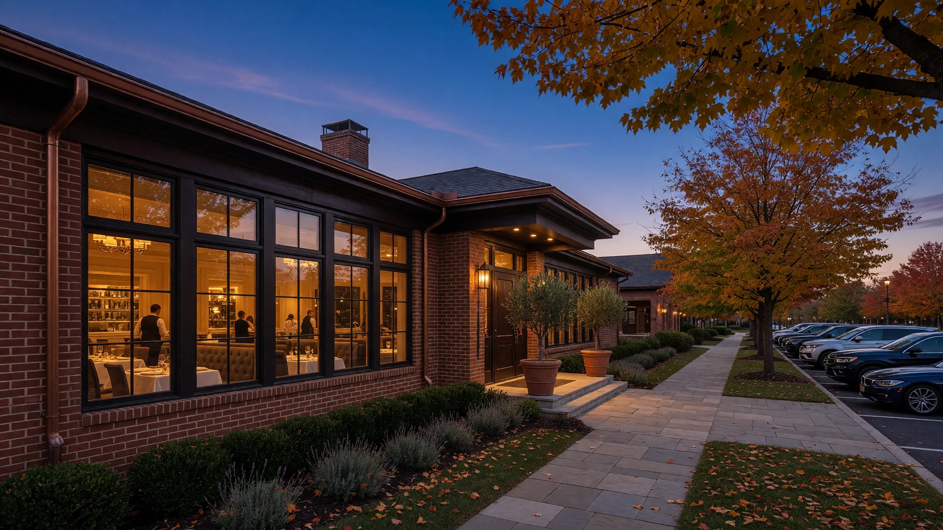 Upscale Turkish restaurant exterior with a red brick and wood facade on Redmond Drive in McLean, Virginia on a late-October evening, tall windows glowing with warm amber light, autumn trees with gold leaves along the sidewalk, and a deep blue twilight sky