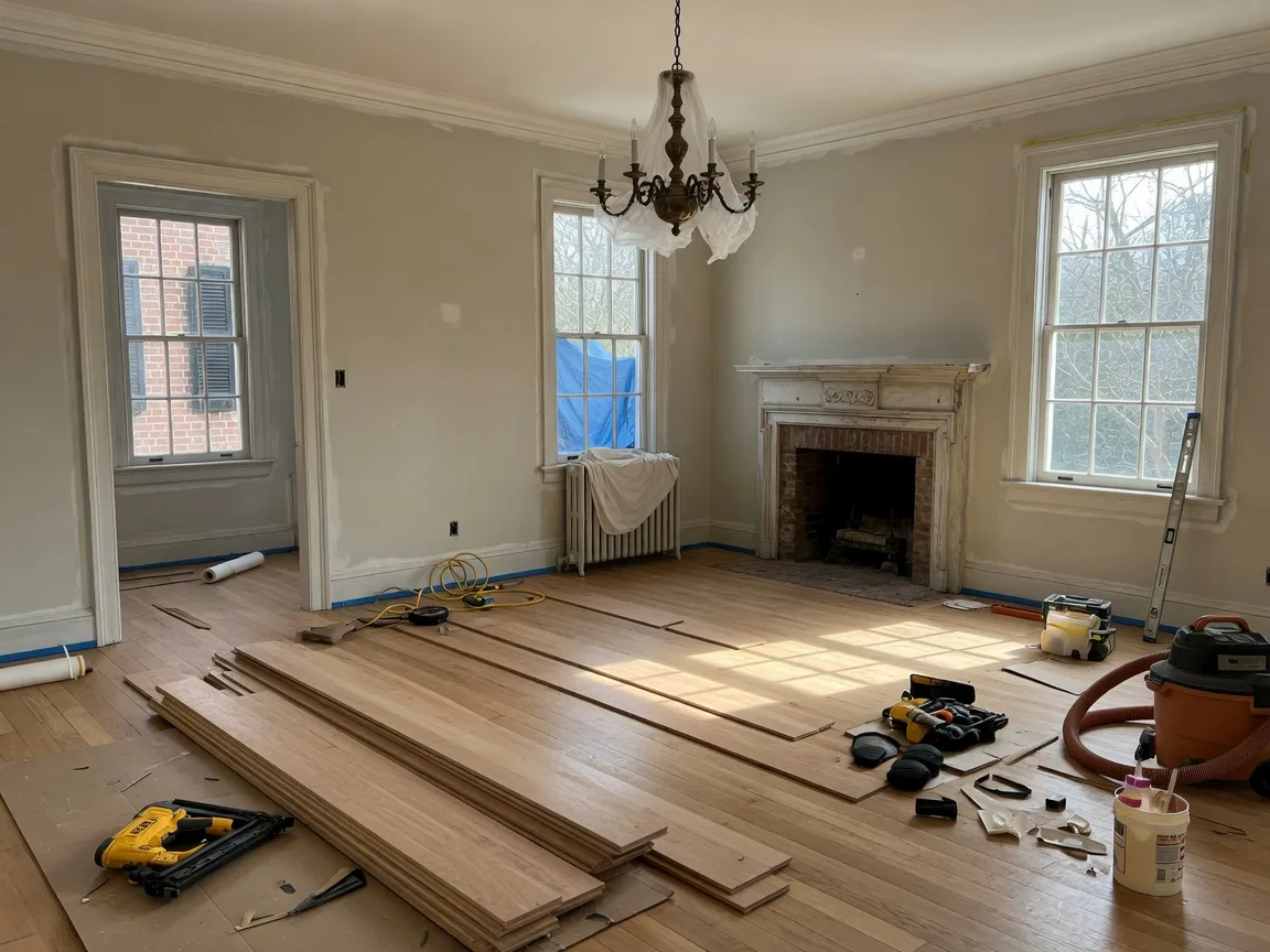 A partially renovated living room in a Maryland colonial home showing fresh paint and new hardwood flooring being installed