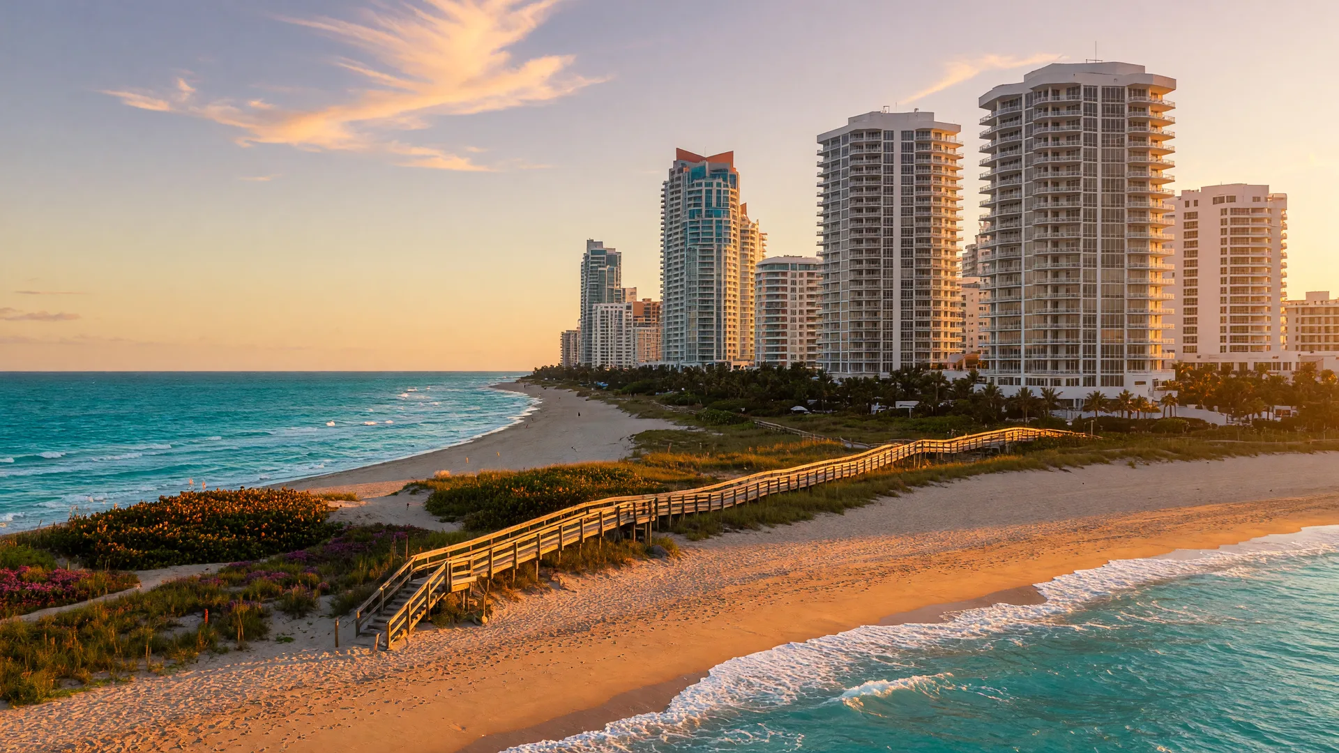 Luxury oceanfront condominium towers above the beach in Sunny Isles Beach