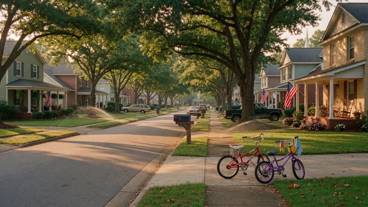 Tree-lined suburban street in a South Carolina Midlands neighborhood with mature oaks and well-kept homes