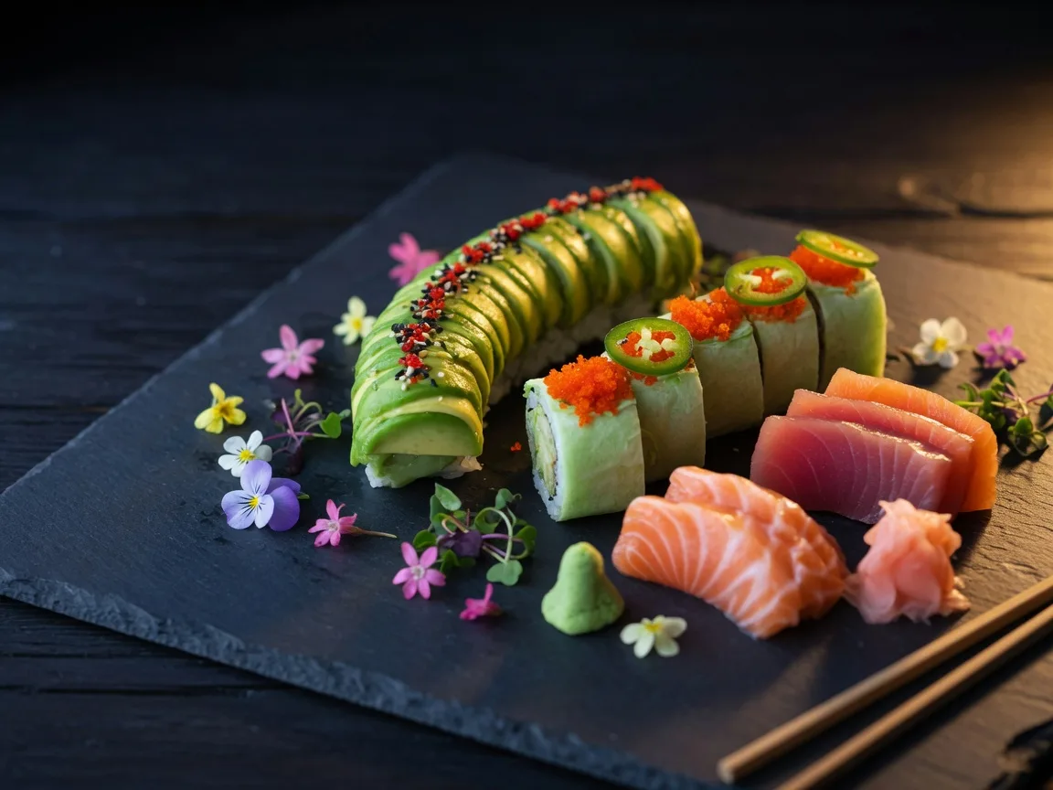 An artfully plated platter of signature sushi rolls at Taki Japanese Sushi & Hibachi in Dacula, including a dragon roll with avocado and a soy-paper wrap roll with tobiko, beside salmon and tuna sashimi