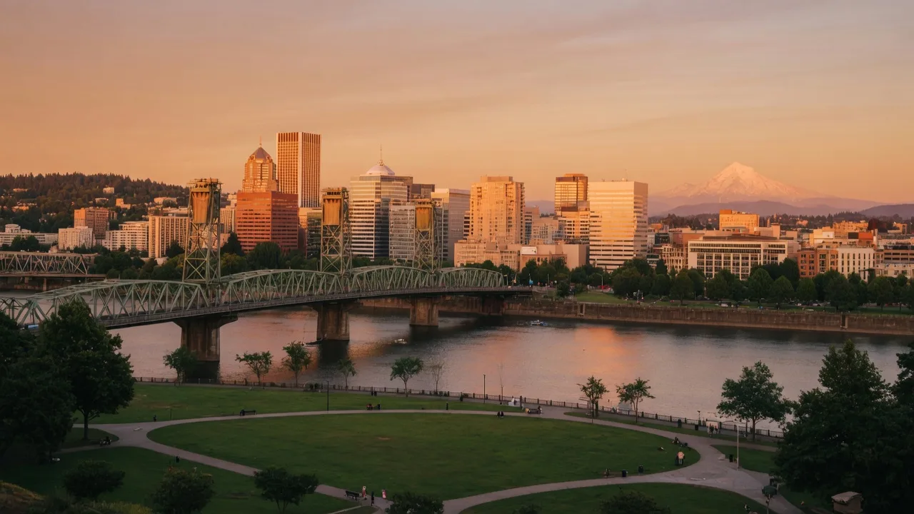 The downtown Portland skyline at golden hour with the Willamette River and Mount Hood on the horizon