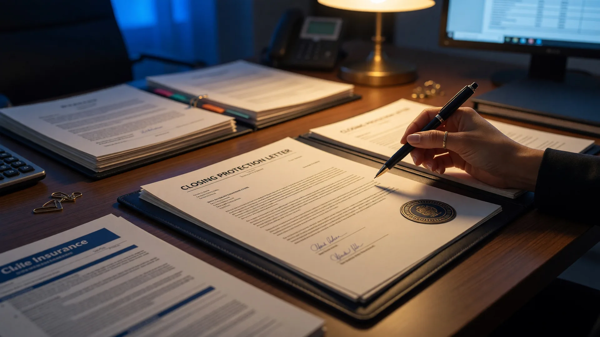 Professional reviewing a closing protection letter at a title company desk