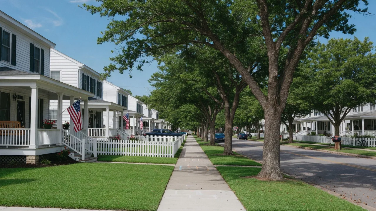 Tree-lined small-town American street with white clapboard houses and mature oaks
