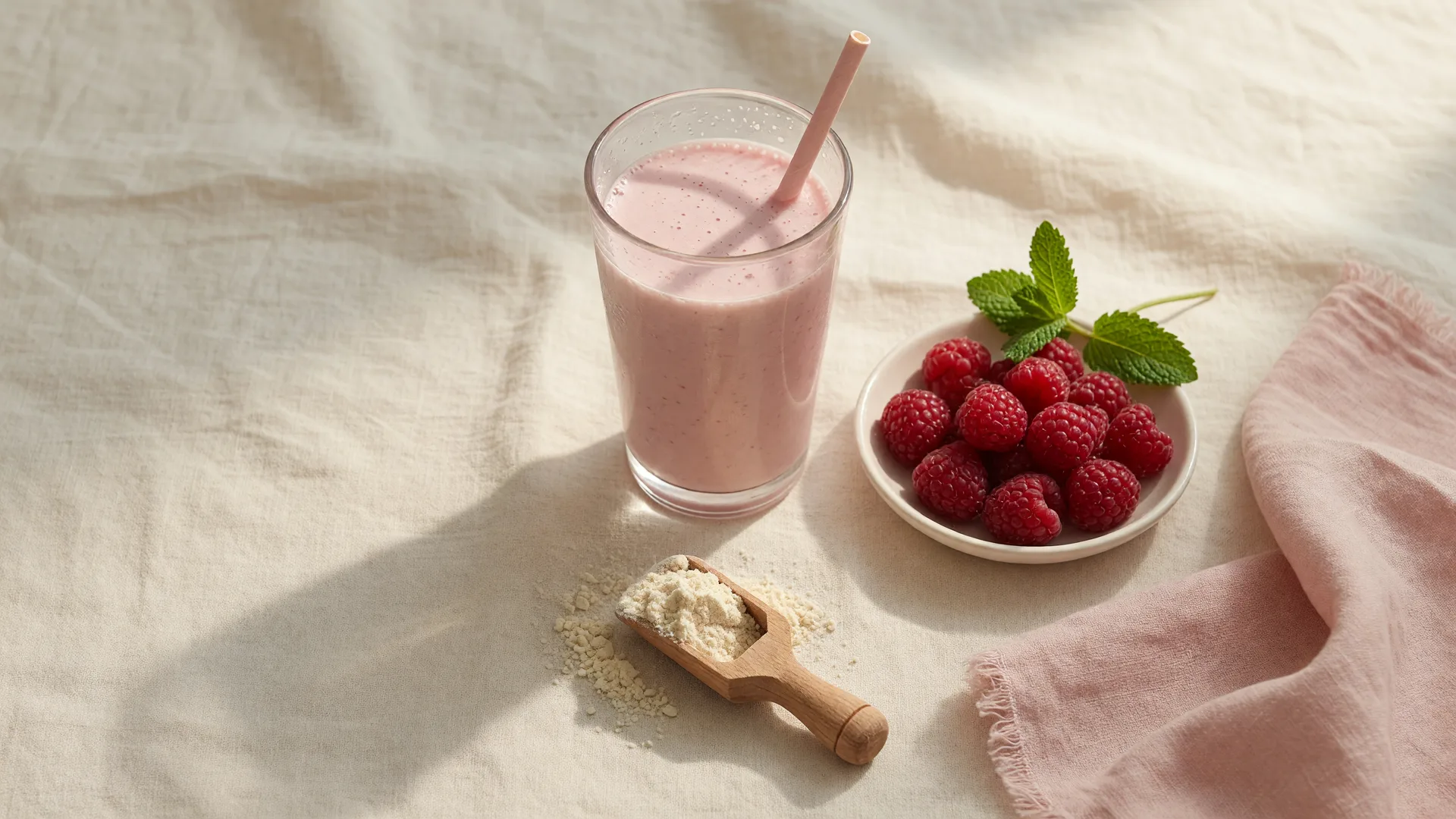 A soft flat-lay of a creamy pink protein shake on cream linen with fresh berries and a scoop of powder
