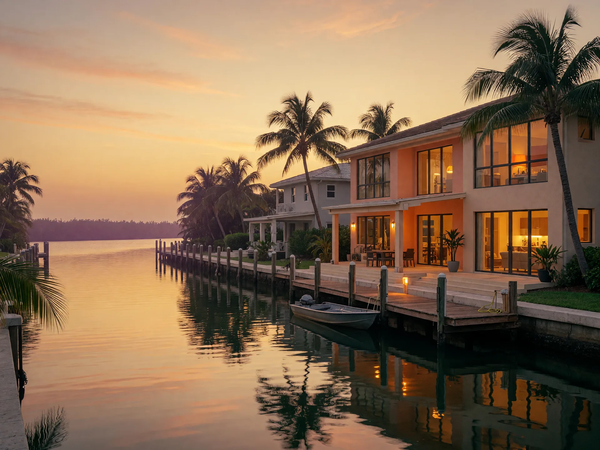 A Florida waterfront home with a private boat dock at golden hour, palm trees and canal water glowing amber in the evening light