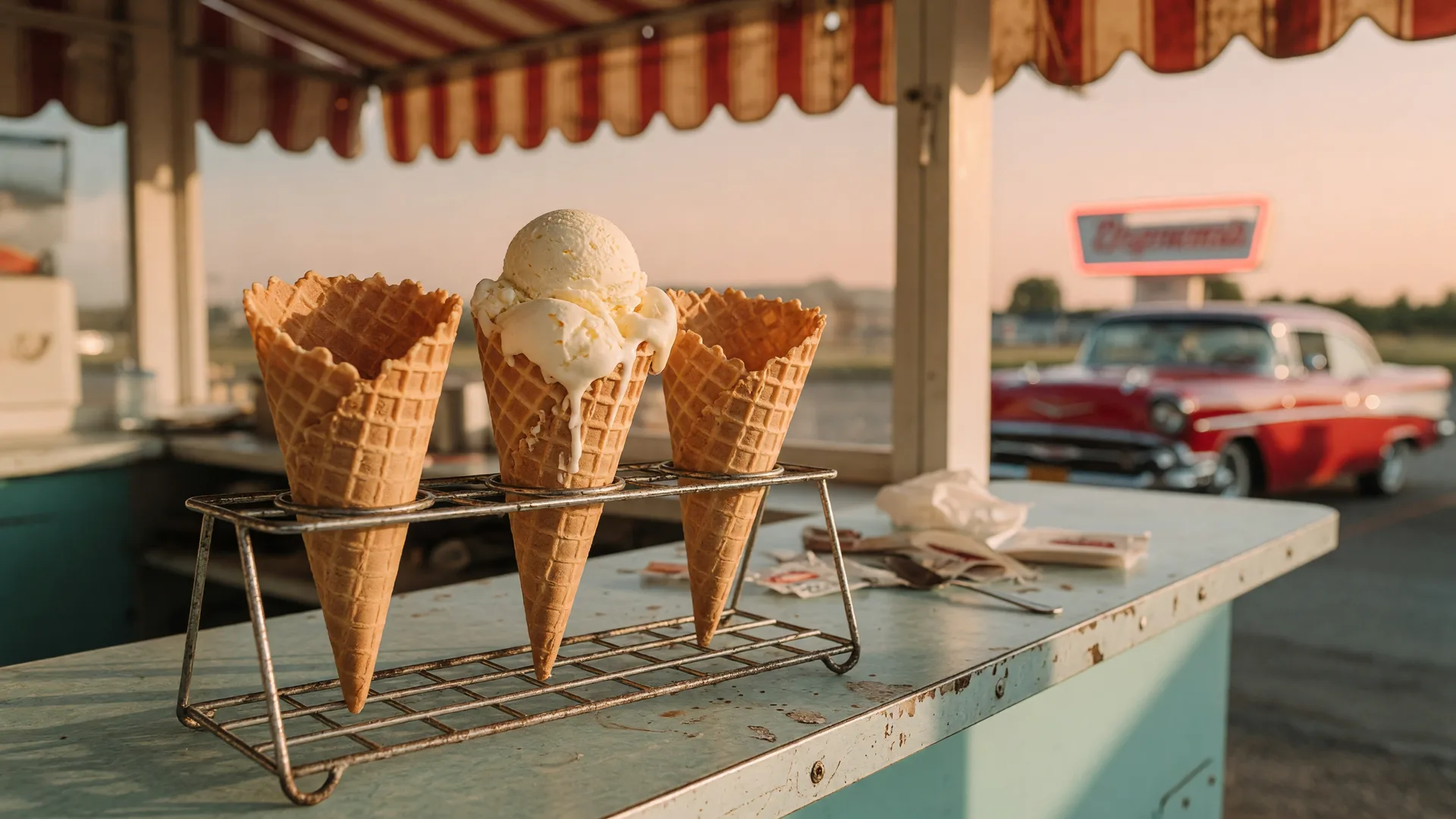 Hand-rolled waffle ice cream cones stacked in a rack at a classic American drive-in counter