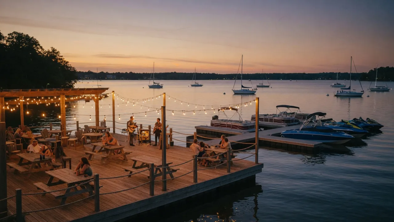 A waterfront restaurant deck on Lake Norman at golden hour with warm string lights, outdoor tables, moored boats reflecting amber light, and sailboats out on the lake