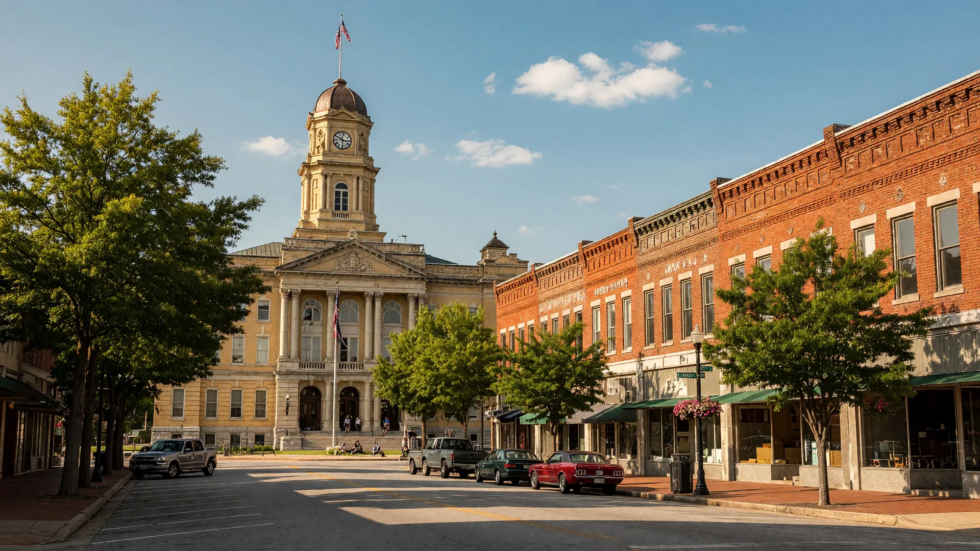 Historic downtown Smithfield, North Carolina with the Johnston County courthouse and brick buildings along East Market Street
