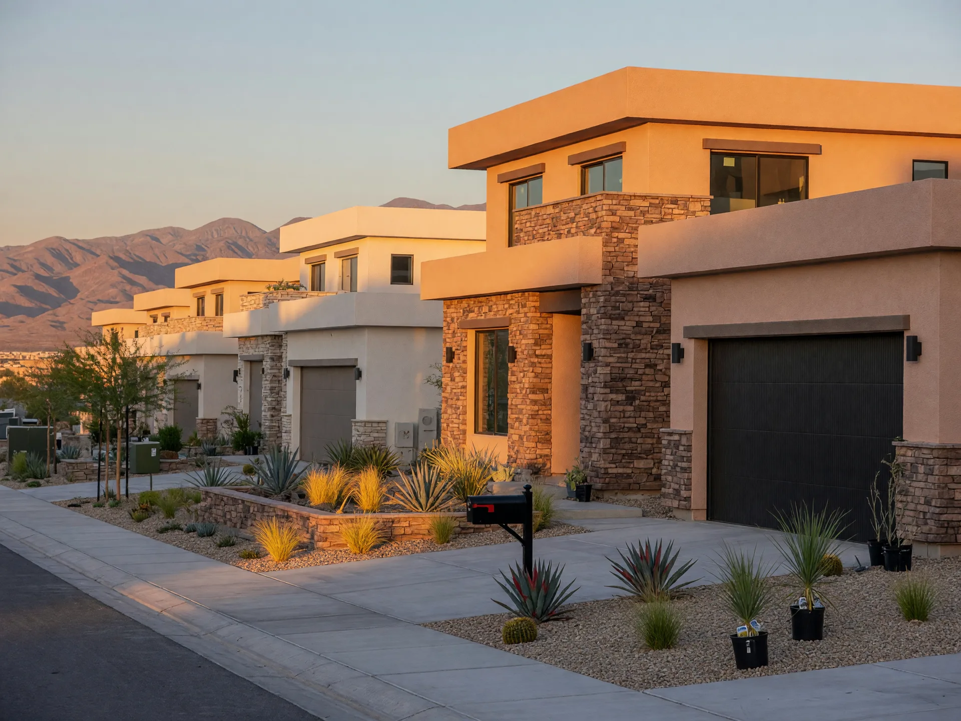 A freshly built desert-modern two-story home with a two-car garage and young desert landscaping in a new Southwest Las Vegas community, with similar new homes behind it and mountains in the distance