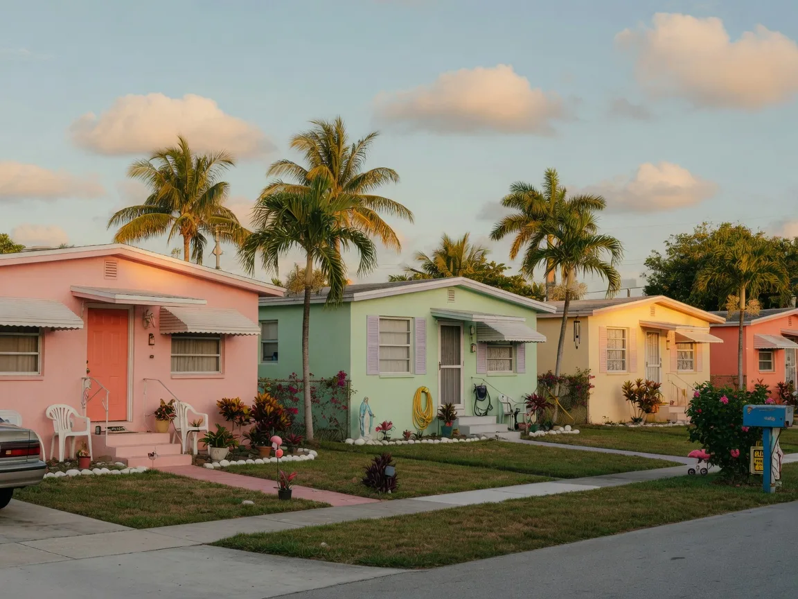 Row of affordable homes in a South Florida community near Delray Beach with colorful stucco exteriors