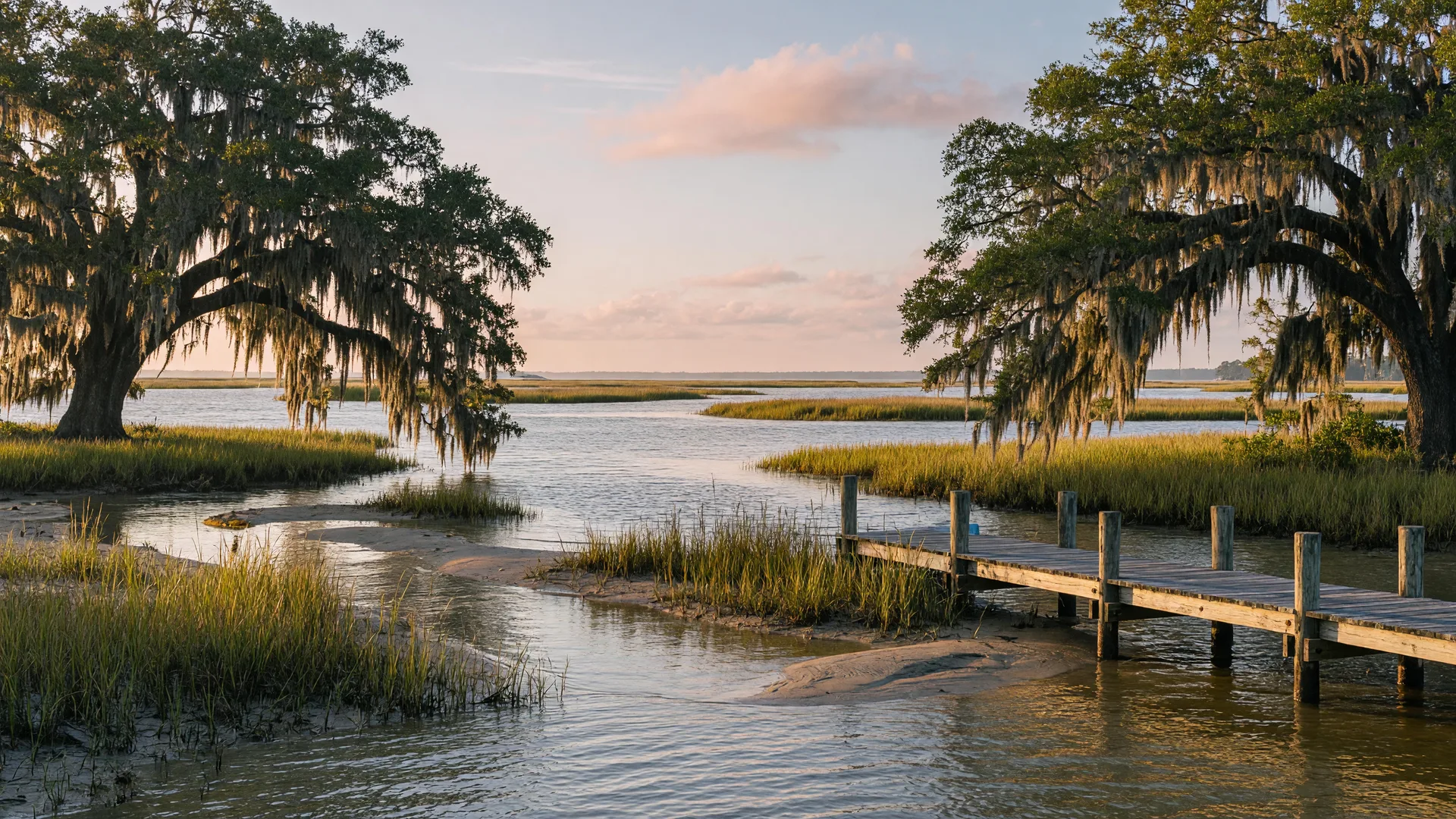 Moss-draped live oaks framing a calm Mississippi Gulf Coast marsh at sunrise