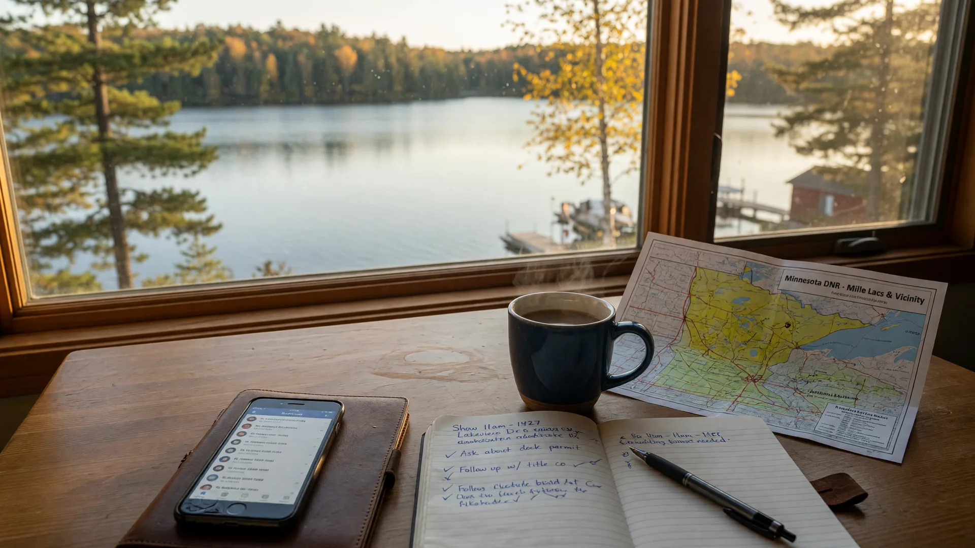 A new agent's lakeside home office desk in central Minnesota with a smartphone, notebook, pen, and coffee beside a window overlooking a calm pine-lined lake