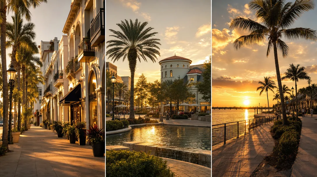 Three vibrant downtown districts in Southwest Florida at golden hour — Sarasota's Main Street, Lakewood Ranch's plaza, and Bradenton's Riverwalk