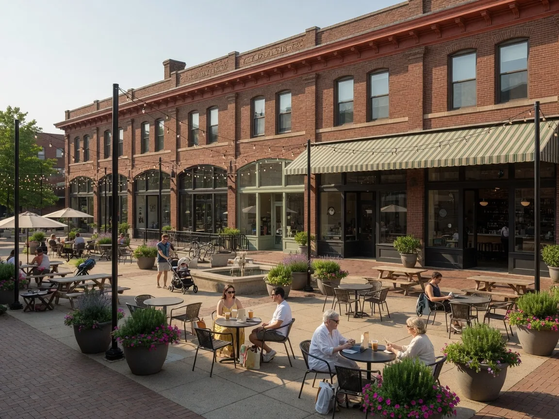 Lackawanna Plaza in Montclair NJ with the historic train station building repurposed with modern glass storefronts, outdoor plaza seating, string lights, and people enjoying the mixed-use redevelopment on a summer afternoon