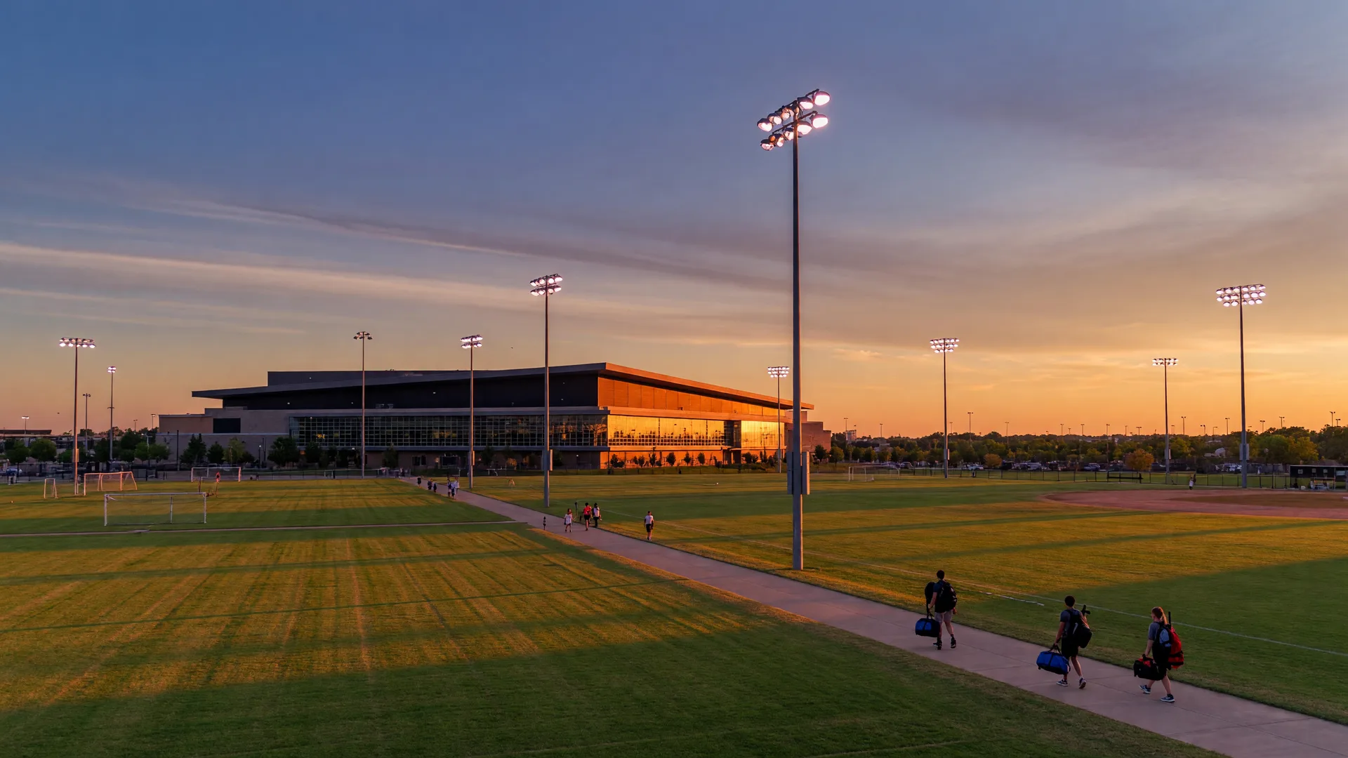 North Texas youth soccer and baseball fields at golden hour with a multi-sport arena in the distance