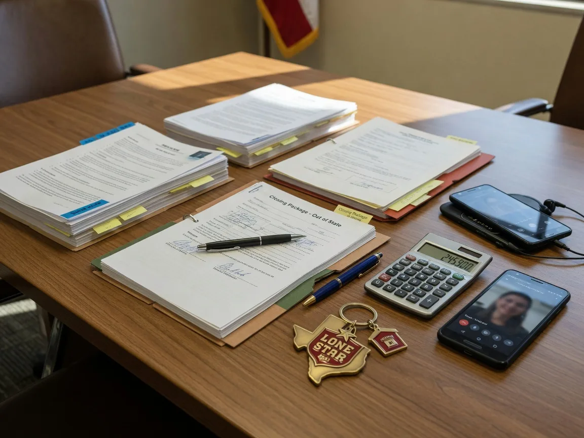 A real estate closing table with documents, pens, two cell phones, a calculator, and a Texas-shaped keychain representing the moment of signing papers across two states
