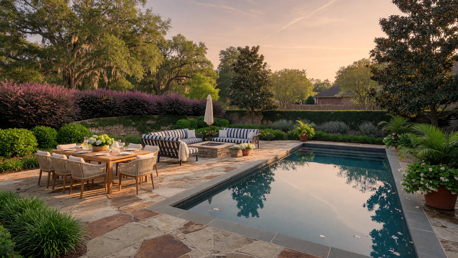 A residential backyard patio and pool area in Georgia served by mosquito control