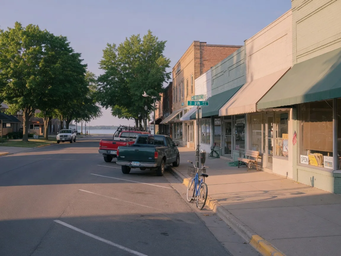 A quiet downtown main street in a small northern Minnesota lakeside town on a summer afternoon