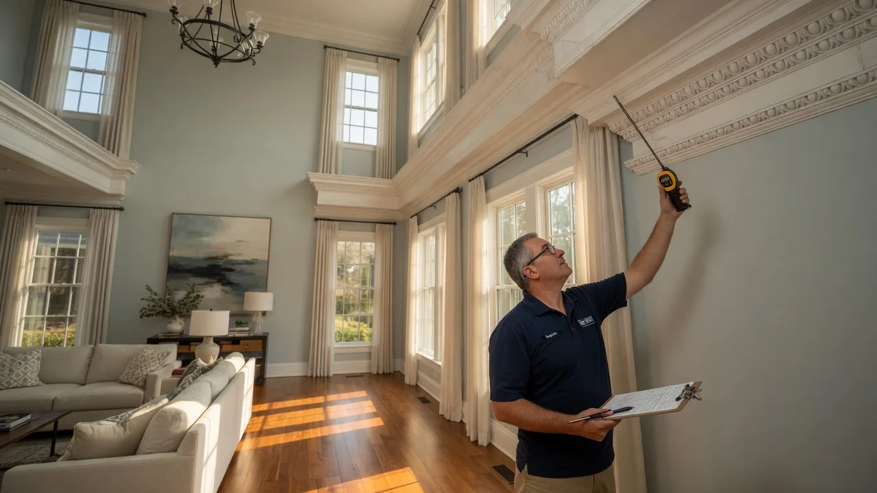 Professional home inspector examining a luxury property with high ceilings, crown molding, and large windows