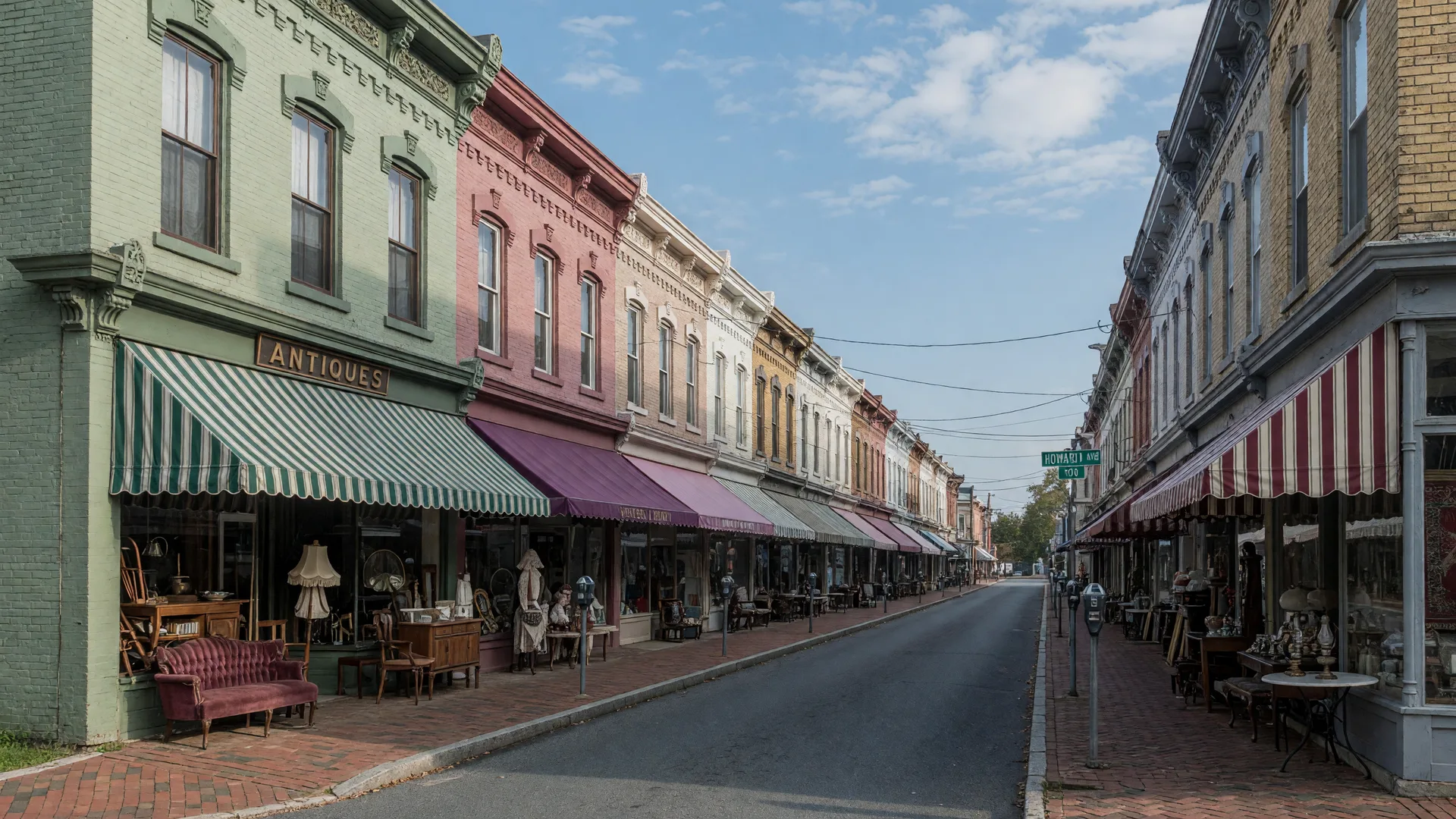 Antique Row storefronts lining Howard Avenue in Kensington, Maryland on a bright morning