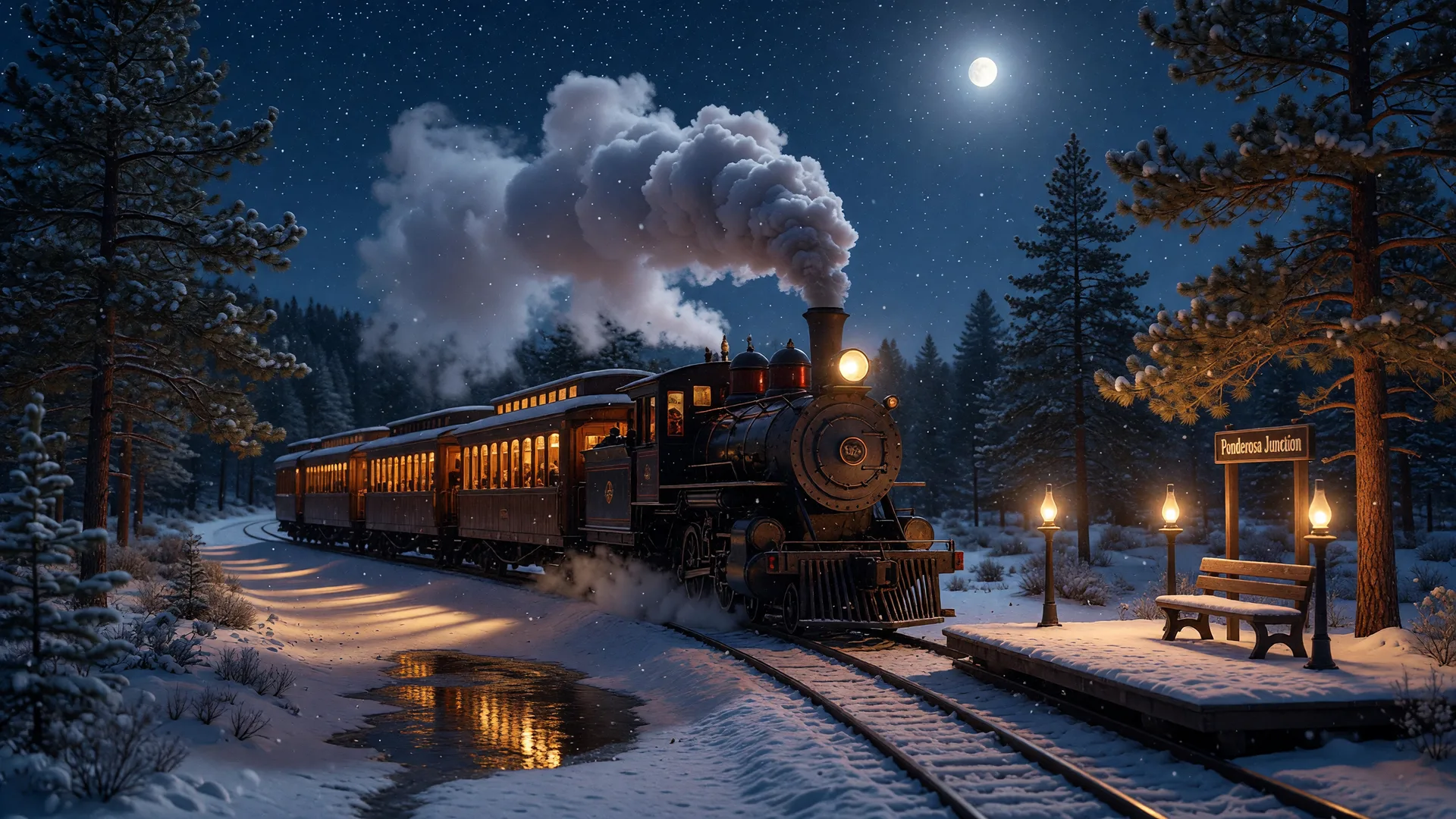 A vintage steam locomotive at night pulling passenger cars through snow-dusted pines with warm golden windows and billowing steam