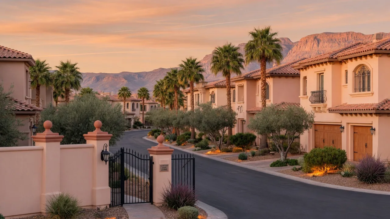 Gated two-story stucco homes with terracotta roofs and arched windows along a palm-lined street in a Woodside Summerlin neighborhood