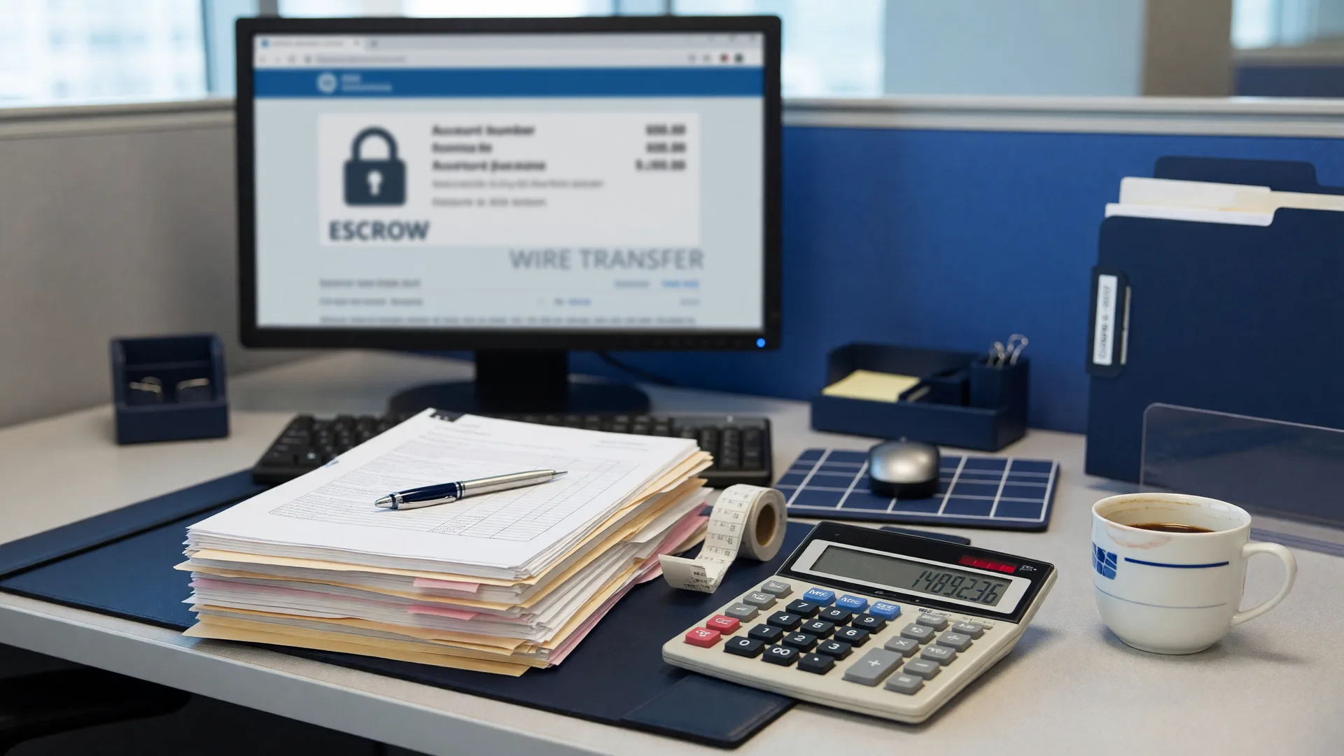 Escrow officer's desk with closing paperwork, a calculator, and a cup of coffee