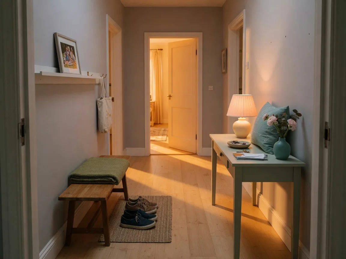 A bright, wide front hallway in a well-kept family home