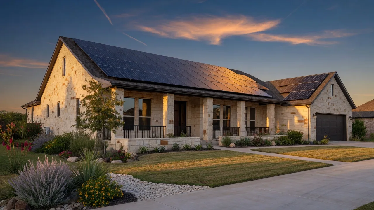 Texas suburban home with solar panels on the roof during golden hour, representing solar energy and property transactions