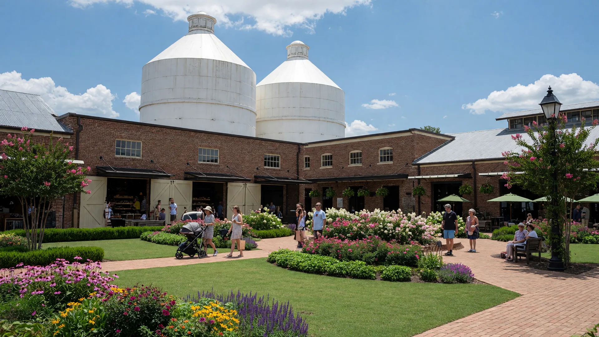 Magnolia Market at the Silos in Waco Texas with the iconic white silos and landscaped gardens
