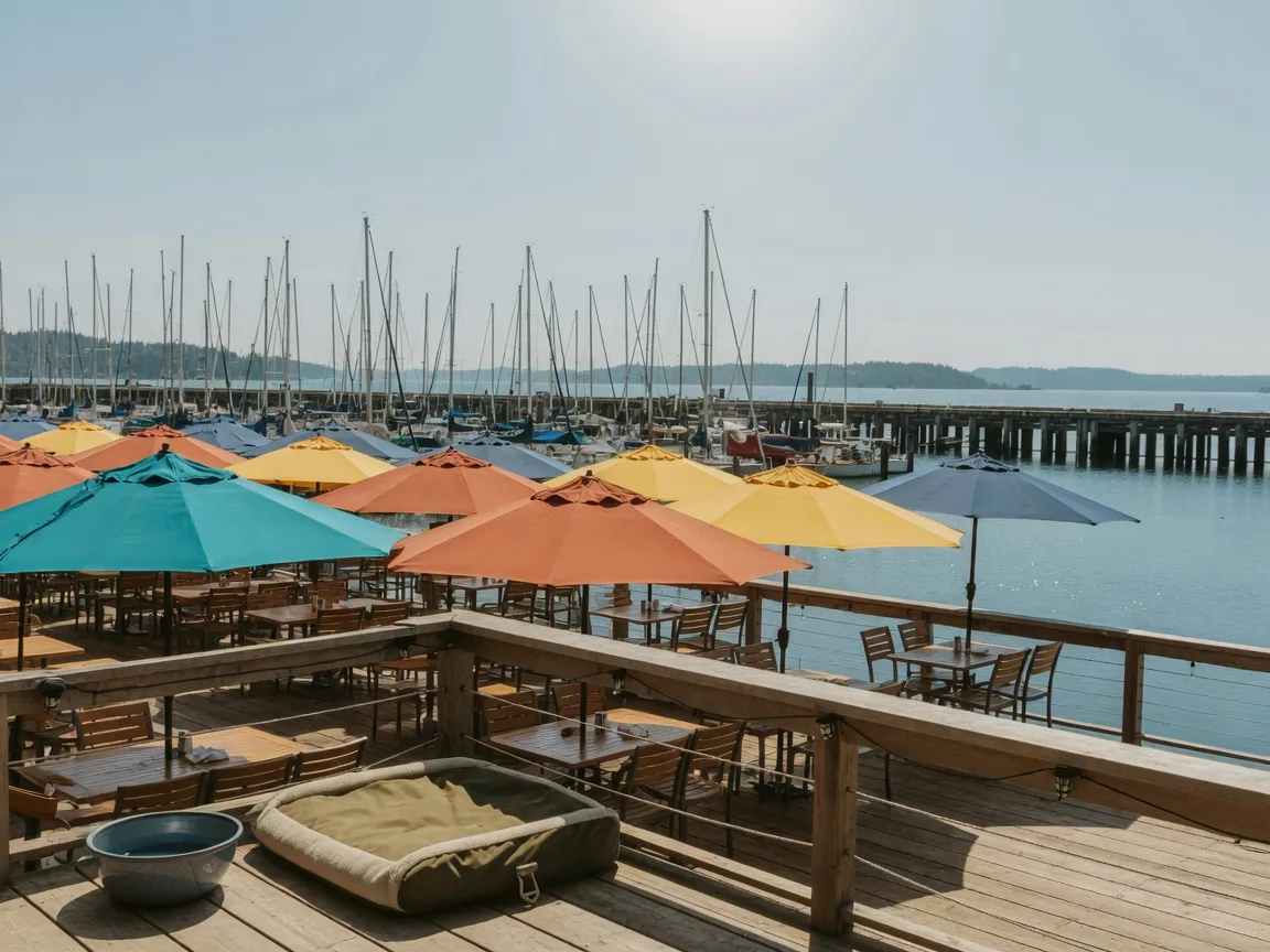 Sunny dog-friendly patio section in Sidney with rows of large colourful umbrellas over wooden tables, the harbour pier and sailboats beyond the railing, and a water bowl on the deck
