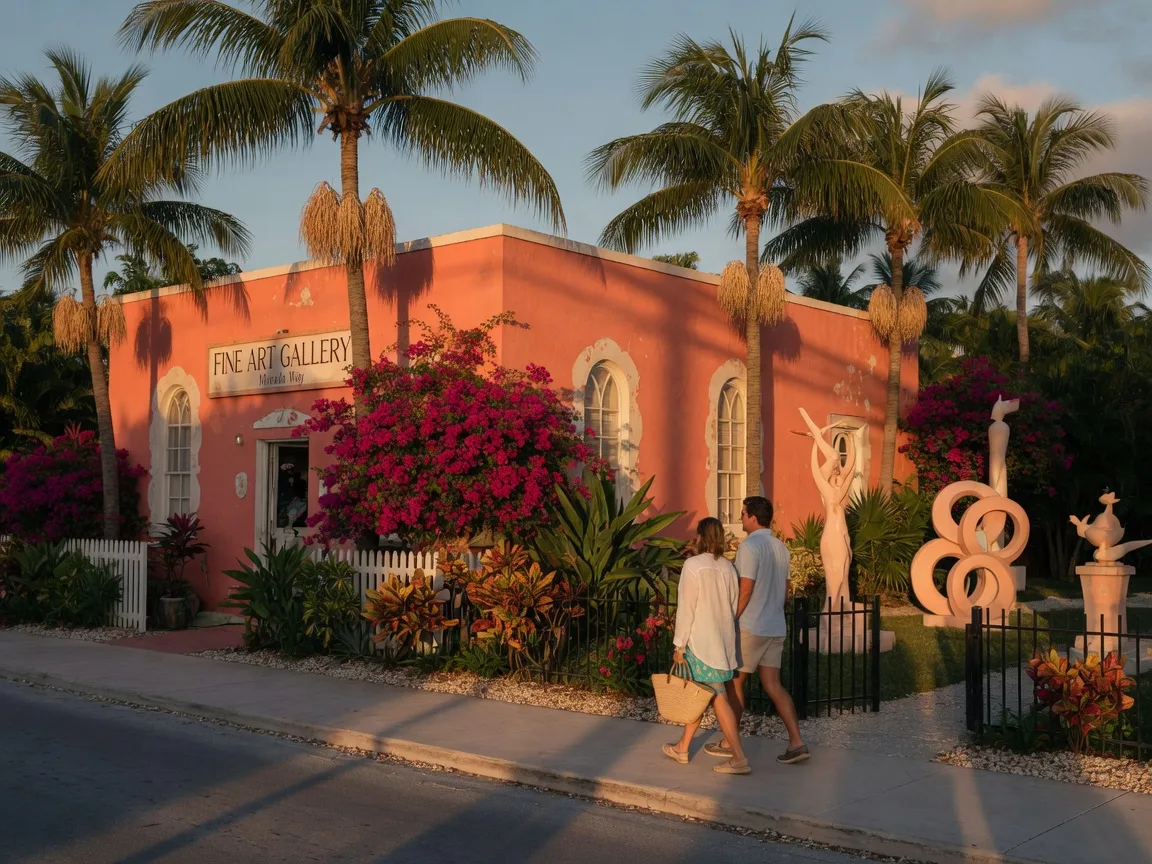 Morada Way Arts District in Islamorada at golden hour showing a coral-colored building facade with fine art gallery, tropical bougainvillea landscaping, sculpture garden, and a couple walking on the sidewalk