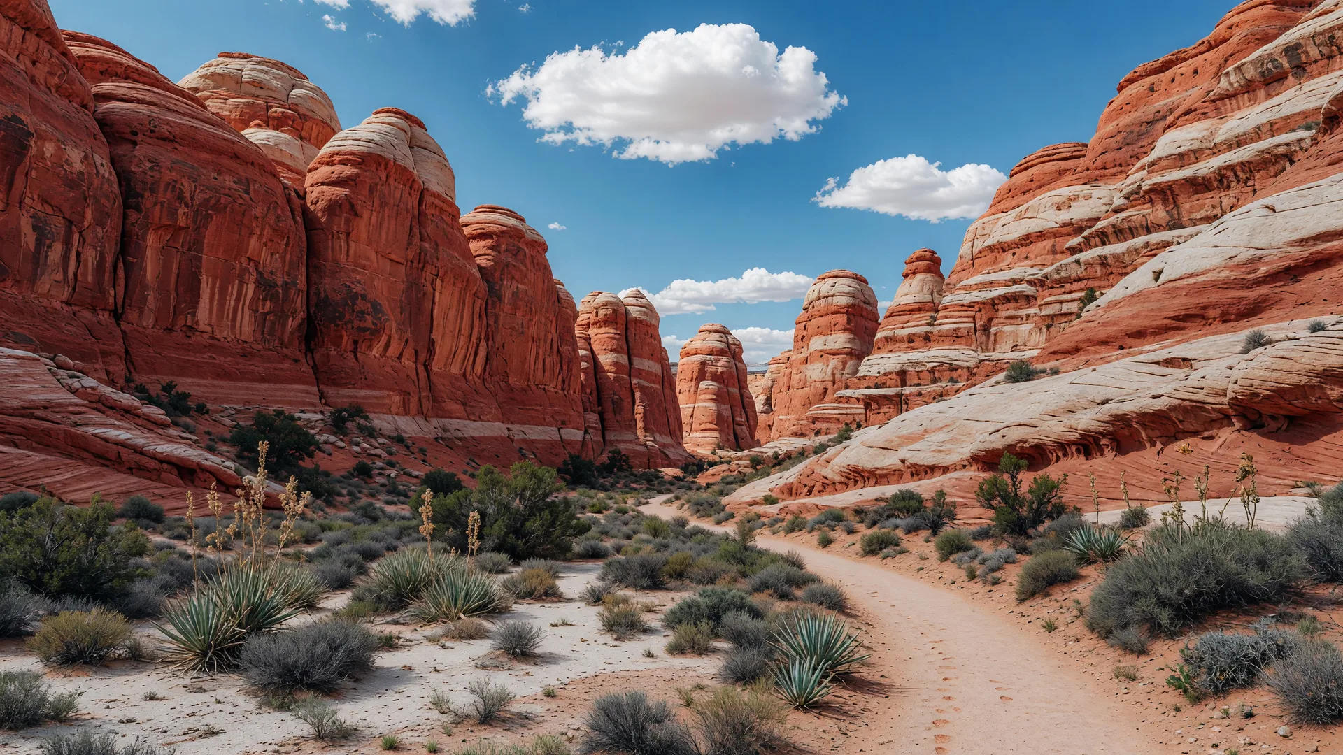 Red and white sandstone walls near St. George, Utah, with a trail curving along the canyon floor under a vivid blue sky.