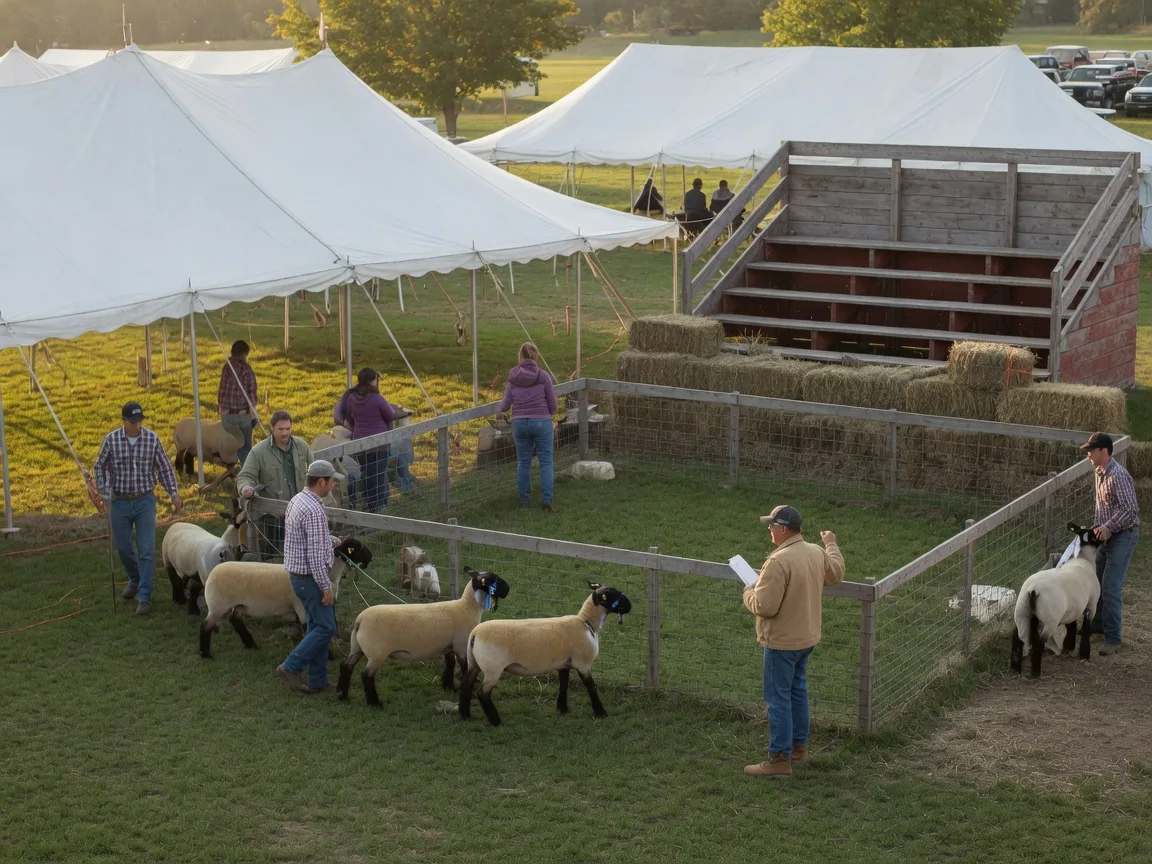 Sheep and livestock show ring under white event tents at the Warkworth Fall Fairgrounds